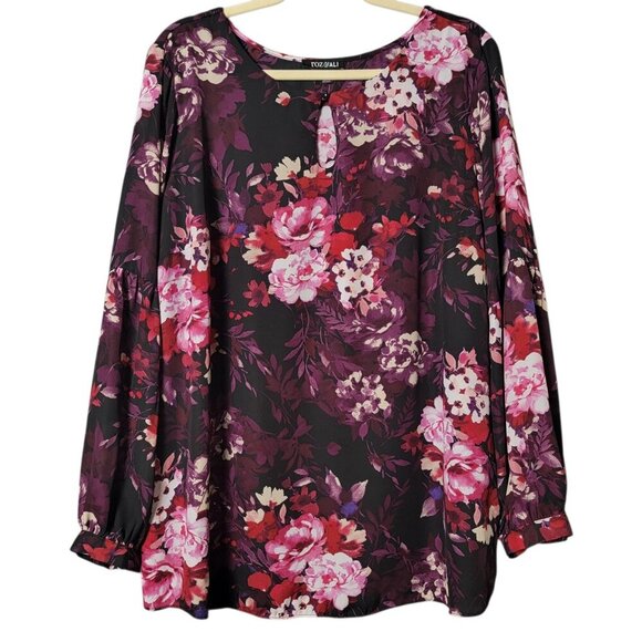 Roz & Ali Tops - Roz & Ali Burgundy Floral Fairy Grunge Long Sleeve Cottagecore Work Top 2X